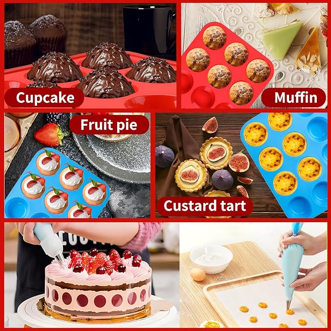 12 Cup Silicone Muffin Pan，Regular Size Cupcake Pan Great for Making Muffin Cakes, Bread, Tart - Piping Bags and Tips Set，Silicone Baking Cups-2 Pack