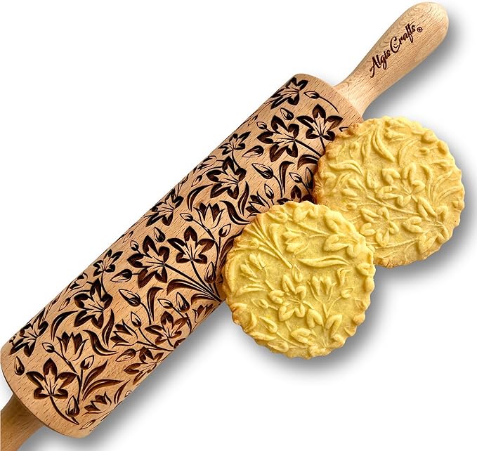 TULIPS embossing Rolling pin. Wooden embossed dough roller with flowers for embossed cookies and pottery by Algis Crafts