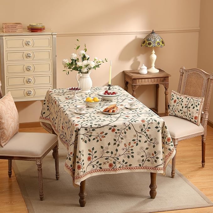 ISAENNE Designer Floral Square Tablecloth,French Linen Light Beige Indoor Table Cloth,Fall Wrinkle Resistant Home Decor Tablecloths for Dining Thanksgiving Kitchen Party,67"*67"-Flora A