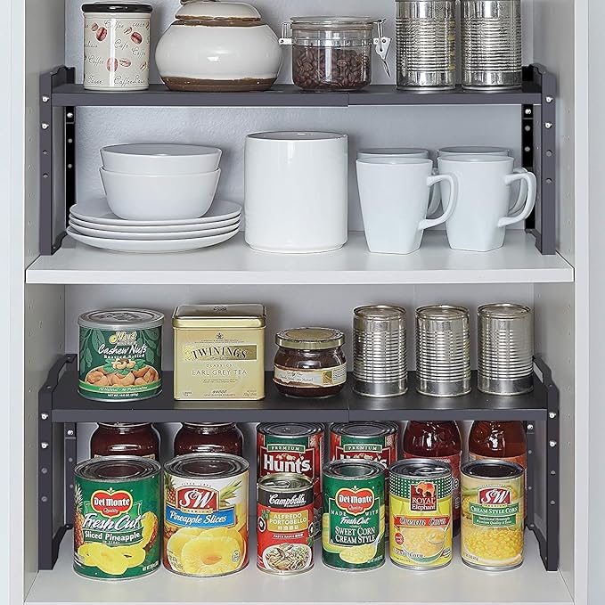 Expandable Shelf for Cabinet Organizer Adjustable Stackable Spice Rack at Kitchen and Bathroom more, Counter Countertop Cupboard Organization Pantry Storage(MEDIUM/2PACKS/BLACK)