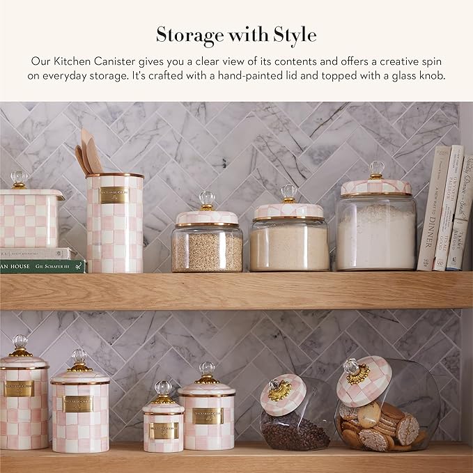 MACKENZIE-CHILDS Rosy Check Kitchen Canister, Decorative Pink-and-White Glass Storage Jar with Lid, Small