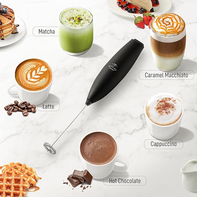 Zulay Kitchen Milk Frother Handheld Electric Whisk with AA Duracell Batteries – Durable Drink Mixer for Coffee, Lattes, Cappuccinos & More - Carbon Black