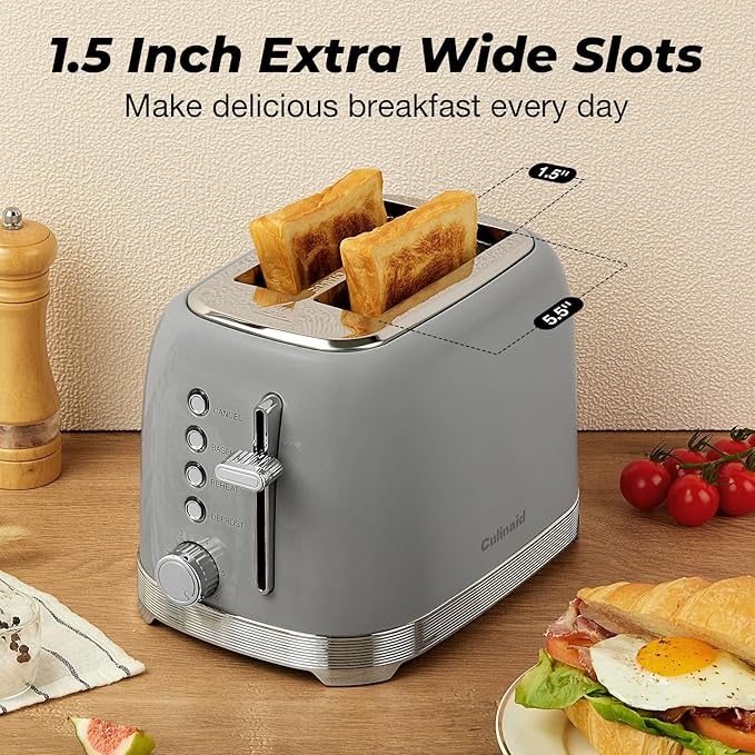 Toaster 2 Slice Retro Stainless Steel with 1.5” Extra Wide Slots Bagel, Defrost, Reheat, Cancel Functions, 6 Bread Shade Settings, Removable Crumb Tray, Gray