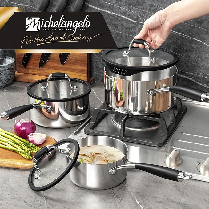 MICHELANGELO Triply Stainless Steel Saucepan Set with Strainer Lid, Heavy-duty Sauce Pan with Lid, Multipurpose Sauce Pot Induction Compatible - 1QT & 2QT & 3QT