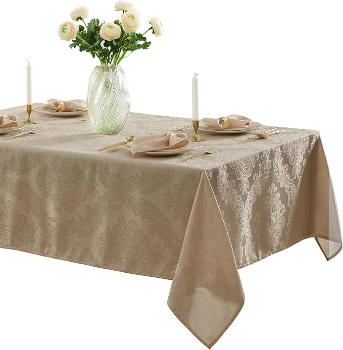 Newbridge Barcelona Luxury Damask Fabric Tablecloth, 60” Wide x 84” Rectangle, Golden Beige, 100% Polyester, No Iron, Soil Resistant Dining Room, Party and Banquet Table Cover