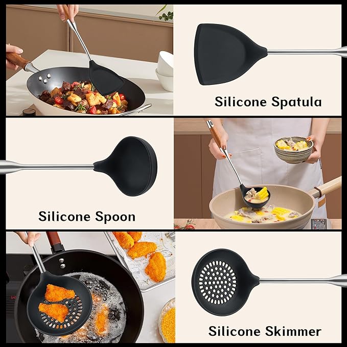 FJNATINH Silicone Wok Spatula,Ladle,Skimmer - Stainless Steel Wok Tools, Wok Utensil - Resistant Cooking Utensils BPA Free Kitchen Utensils Cookware Wooden Handle,3 Pieces