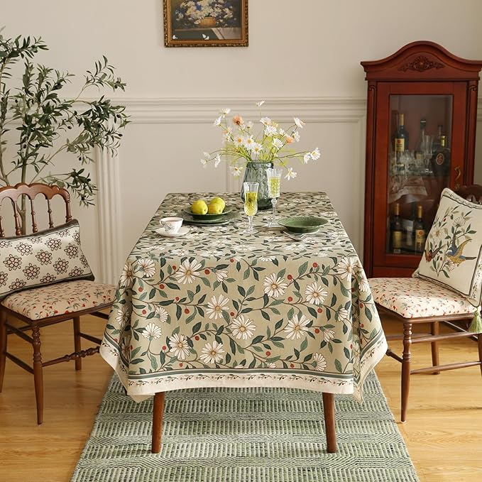 ISAENNE Designer Green Linen Table Cloth Rectangle,Floral French Country Indoor Tablecloth,Stain Resistant Home Decor Tablecloths for Dining Kitchen Thanksgiving Party,55"*79"-Brune