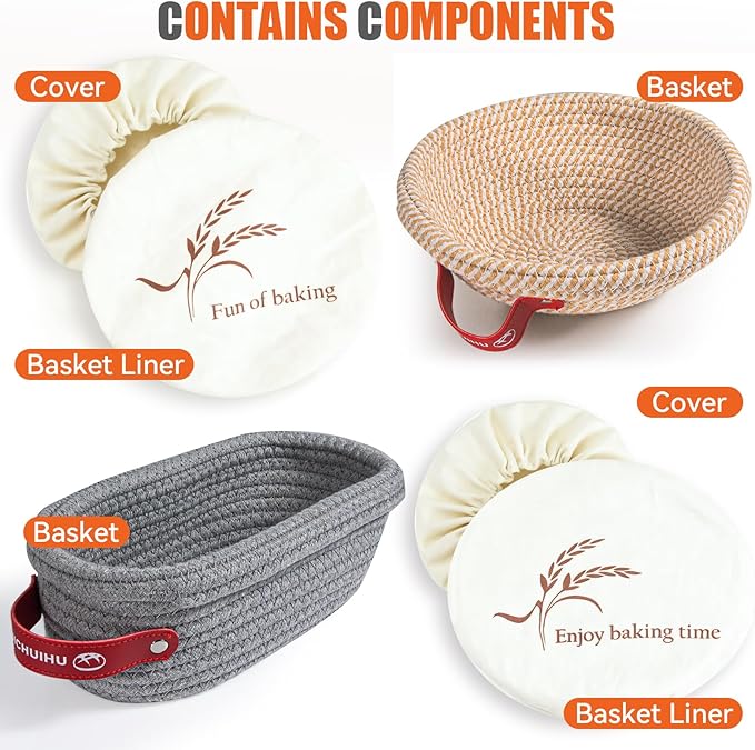 Banneon Bread Proofing Basket Set - Oval & Round Bread Baskets, 9 Inch & 10 Inch, Proofing Baskets for Sourdough Bread Baking, Cotton Rope Sourdough Proofing Basket - With Liner & Cloth Cove