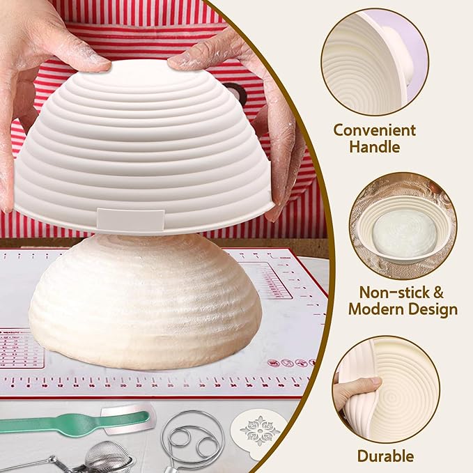 Aliggbent Silicone Banneton Bread Proofing Baskets, 10'' Oval ＆ 9'' Round Foldable Sourdough Bread Baking Supplies 18Pcs Sourdough Starter Kit Easy-to-Clean Proofing Baskets for Sourdough Bread Baking