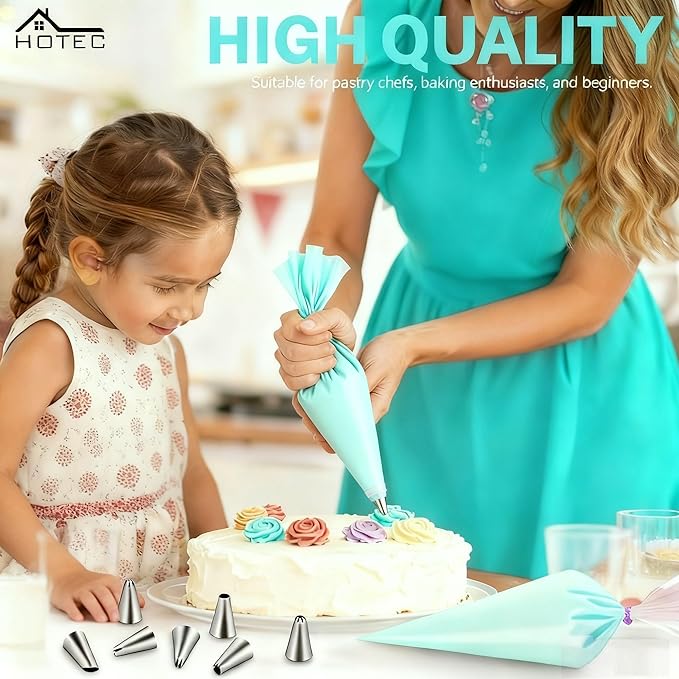 HOTEC Piping Bags and Tips Set, 120 Pcs Cake Decorating Kit with 100pcs 12 Inch Disposable Pastry Bags, 1 Reusable Piping Bags, 12 Piping Tips, 3 Cake Scraper, 2 Couplers, 2 Bag Ties, Baking Supplies