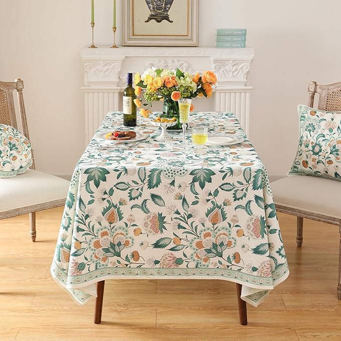 patdrea Designer Green Rectangle Table Cloth,Vintage Italian Floral Country Linen Breathable Tablecloth,Decor Cover for Kitchen Dining,Christmas,Tea Party,Thanksgiving,63"x94"-Tree Life