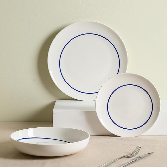 Stone Lain Luna 12-Piece Porcelain Dinnerware Set, Plates and Bowls Set, Dish Set for 4, Blue