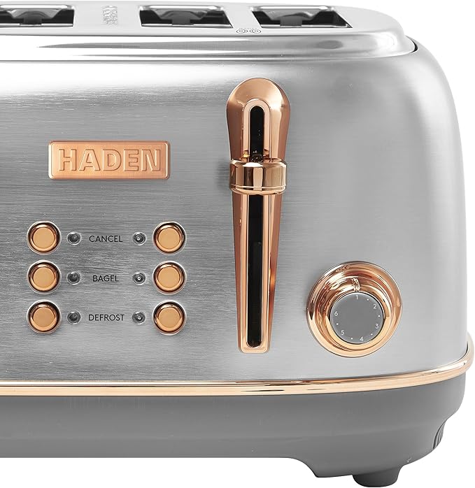 Haden Heritage 4 Slice Wide Slot Stainless Steel Toaster with Adjustable Browning Control & Non-Slip Feet, Steel & Copper
