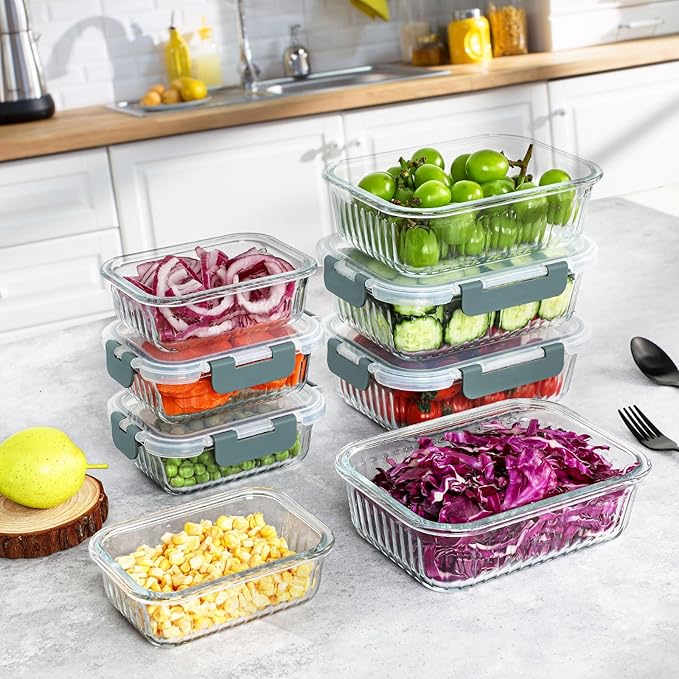KOMUEE 10 Packs Glass Meal Prep Containers with Lids, Glass Food Storage Containers Set, Airtight Lunch Containers, Microwave, Oven, Freezer and Dishwasher Safe, Gray
