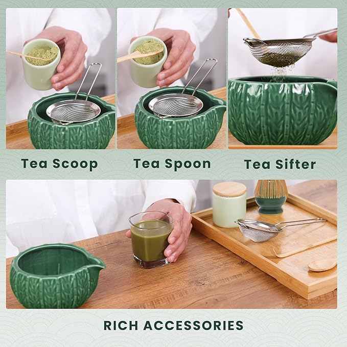 Matcha Whisk Set, Cactus Dark Green Ceramic Matcha Set Includes Matcha Bowl, Matcha Whisk (Chasen) and Holder, Sifter, Bamboo Scoop & Spoon - 6 Pcs Matcha Kit for Matcha Lovers