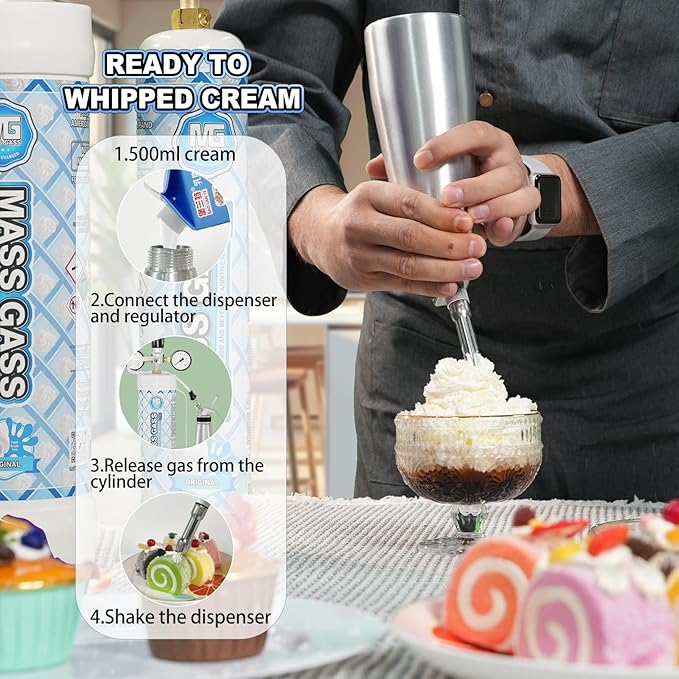 MassGass Whipped Cream Chargers, 3.3L Tanks, 2112g Whip Cream Charger Cylinder Unflavored Food Grade 99.99% Pure(3 Cylinders)