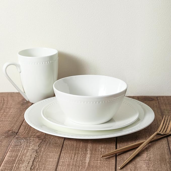 Stone lain Bone China Pinpoint Embossed 32 Piece Dinnerware Set, White