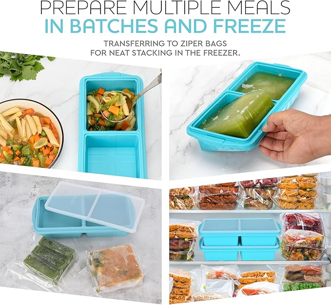 Silicone Freezer Tray With Lid-Soup Freezer Container molds-2-cup Extra Large Ice Cube Tray-makes 4 perfect 500ml portions cubes, For freezing soup,stews,sauces.Oven&Dishwasher-Safe(2-Pack)