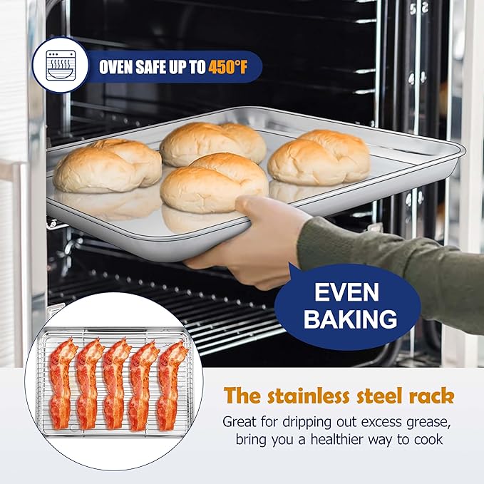 16 Inch Baking Sheet Pan with Rack Set, Joyfair Stainless Steel Toaster Oven Pans Tray & Cooling Racks for Cookie/Jelly Roll/Bacon/Meat, Commercial Metal & Rust-free, Dishwasher Safe