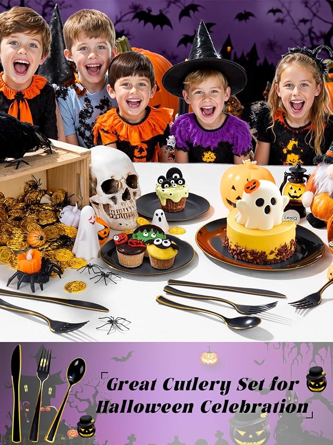 WDF 180 Pieces Black and Gold Plastic Silverware -Halloween Black Plastic Cutlery Incluede 60 Forks 60 Knives 60 Spoons Heavy Duty Disposable Flatware - Gold Utensils for New Year/Party/Daily Use