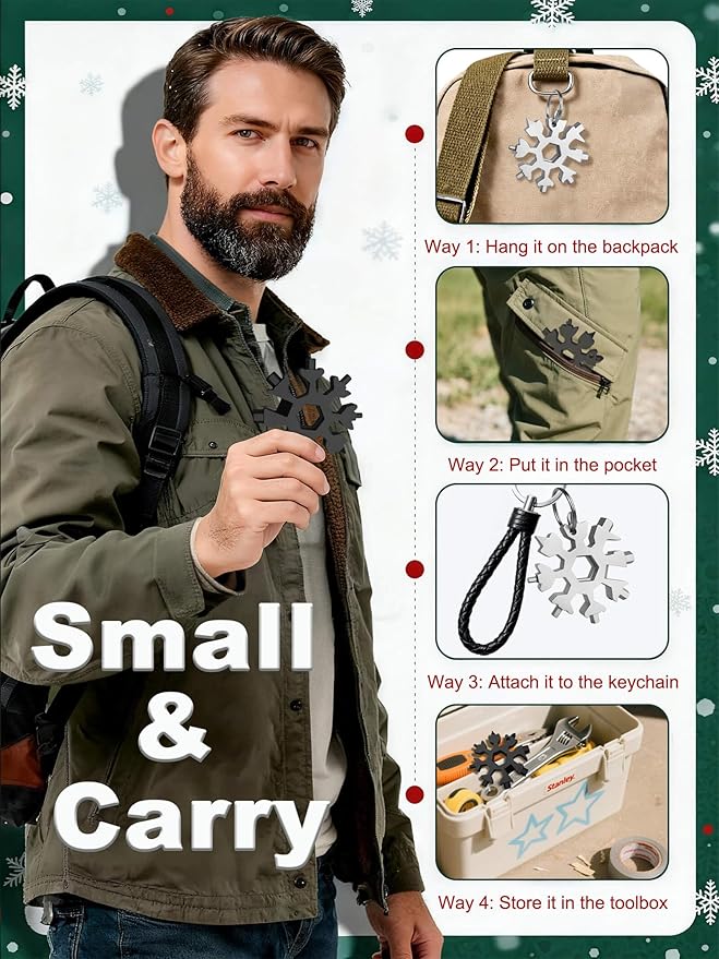 18-in-1 Snowflake Multi Tool – Stainless Steel with Bottle Opener & Wrench,Compact EDC Tool for Camping,Fishing,Hiking, Stocking Stuffers,Gifts for Men,Dad,Husband (Silver + Black)