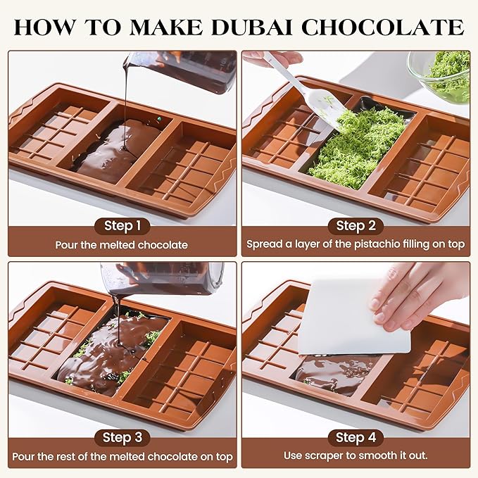 2 Pcs Dubai Chocolate Bar Mold Deep Silicone 0.85 Inch Large Stuffed Chocolate Molds Nonstick Break Apart Square Shape Thick Candy Bar Molds