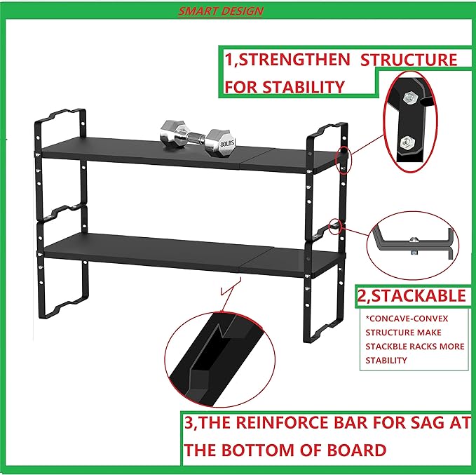 Expandable Shelf for Cabinet Organizer Adjustable Stackable Spice Rack at Kitchen and Bathroom more, Counter Countertop Cupboard Organization Pantry Storage(MEDIUM/2PACKS/BLACK)