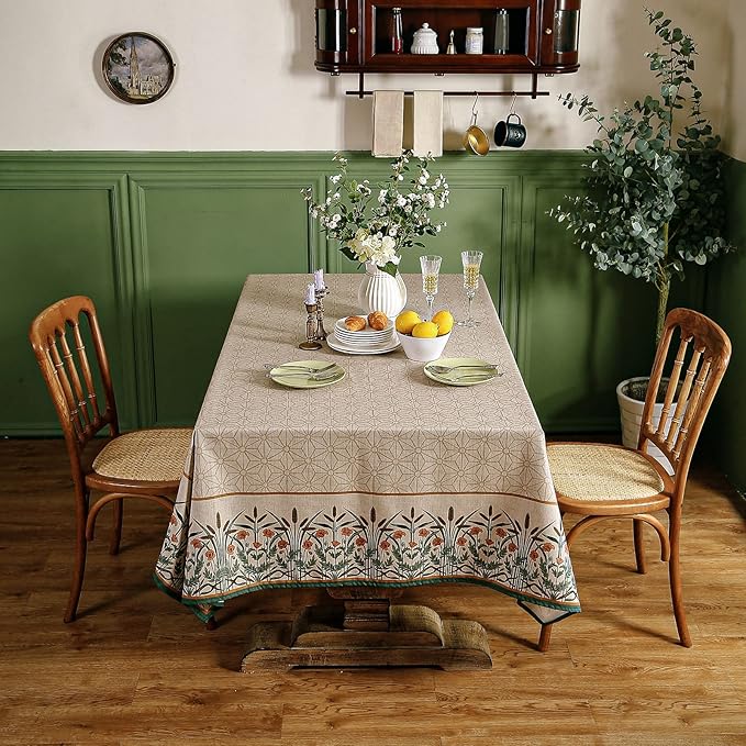 patdrea Designer French Light Brown Rectangular Table Cloth,Linen Floral Durable Breathable Extra Long Tablecloth,Decor for Kitchen Dining,Parties,Party,Christmas,Thanksgiving,63"x110"-Cudillero