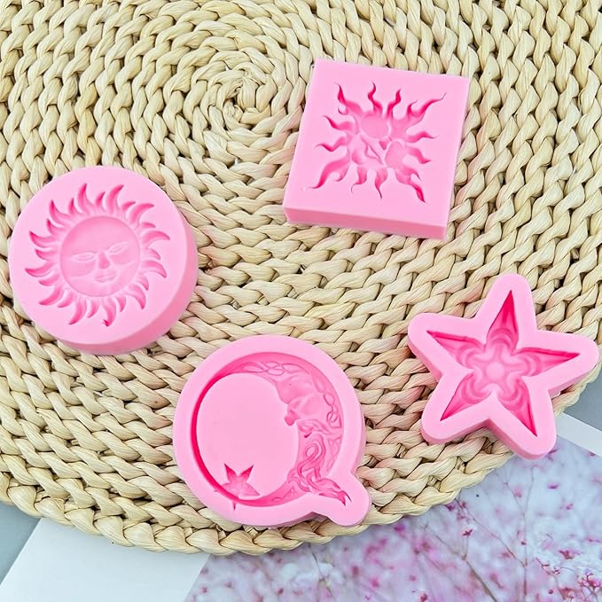 Greek Sun God Fondant Molds 4pcs, Moon Star Cake Decorating Silicone Molds, Chocolate Candy Clay Molds for Cupcake Toppers, Resin Crafts, Modeling Clay, Candles, Marzipan, Cookies, Dough, Flower Paste