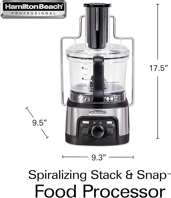 Hamilton Beach Professional Stack & Snap Food Processor & Veggie Spiralizer for Slicing, Shredding and Kneading, Extra-Large 3" Feed Chute Fits Whole Vegetables, 12 Cups, Stainless Steel (70815)