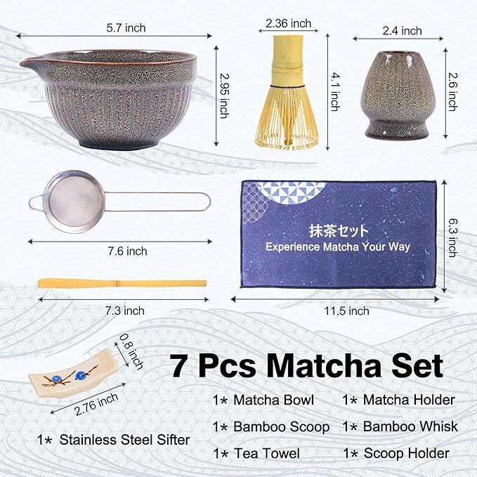 Matcha Whisk Set – Ceramic Matcha Bowl with Spout, Bamboo Whisk, Scoop, Ceramic Holders, Stainless Sifter, Towel,Perfect Matcha Starter Kit for Tea Ceremony, Japanese Tea Making Tools (Brown)