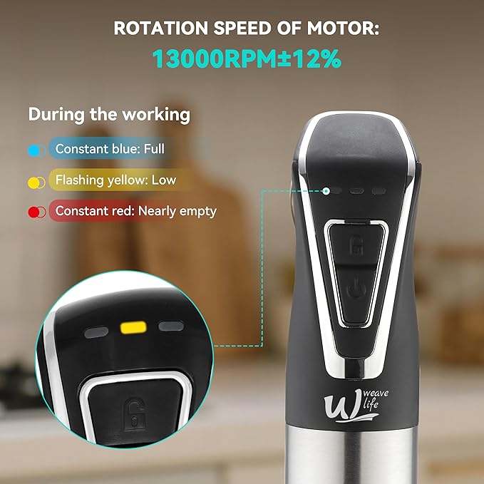 Cordless Immersion Hand Blender by Weavelife - Rechargeable, Portable, One-Touch Control & Safety Lock for Pureeing, Soups, Smoothies with Stainless Steel Blade