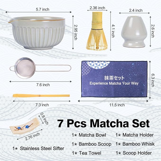 Matcha Whisk Set, Japanese Tea Ceremony Kit, 18oz Spout Bowl, Bamboo Whisk Scoop, Ceramic Holder Sifter Towel,7 pcs Matcha Tea Kit for Matcha Lovers, Christmas, Birthday Gift(White)