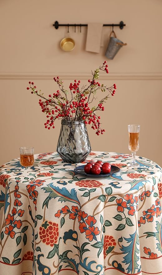 patdrea Designer Linen Round Table Cloth,Durable Breathable Floral Dacorative Tablecloth,Decor Tables Covers for Kitchen Dining Tea Party,Holiday,Christmas,Thanksgiving,Diameter 67"-Puno