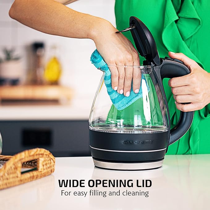 OVENTE Electric Kettle, 1.5L Borosilicate Glass Countertop Water Heater and Boiler for Coffee or Tea, BPA-Free, Auto Shut-Off, Boil-Dry Protection, Removable and Washable Spout Filter, Black KG83B