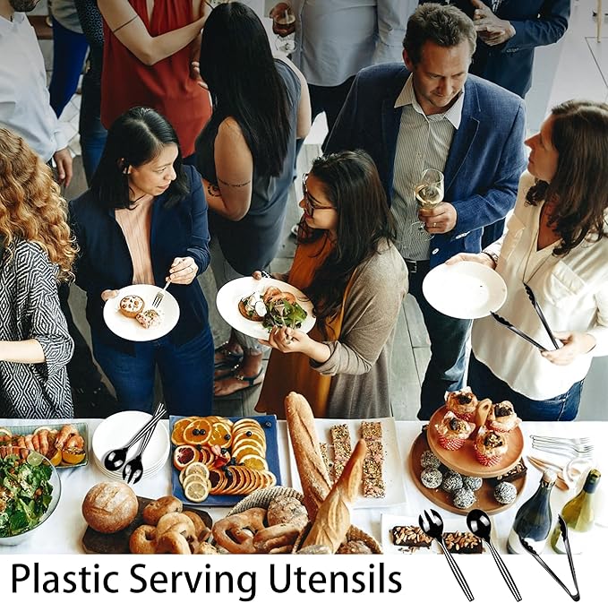 Dualshine 48 Pcs Disposable Black Plastic Serving Utensils,16 Set Including 10" Plastic Serving Spoons, Forks and 9" Tongs for Dinner Parties, Buffets,Banquets, Events, Weddings, and Daily Use