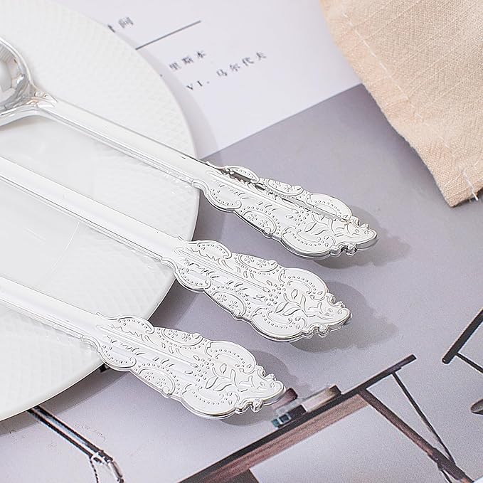 BUCLA 200PCS Silver Plastic Forks and Spoons - Plastic Silverware Baroque - Disposable Silverware Heavy Duty - 100PCS Silver Forks and 100PCS Spoons for Weddings, Christmas and Party
