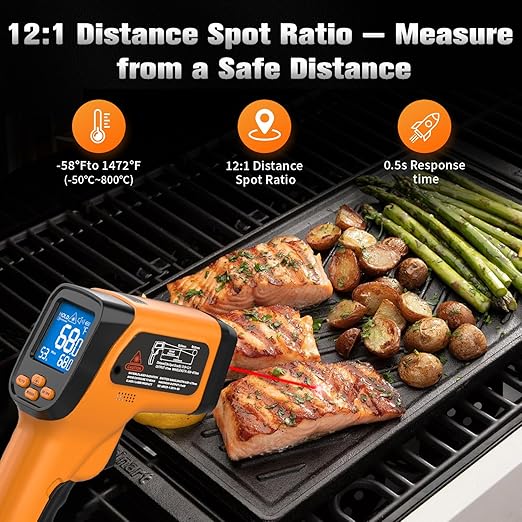 Infrared Thermometer Temperature Gun, Non-Contact Digital Laser Temp -58°F to 1472°F, K-Type Probe -58°F to 572°F, for Cooking, Pizza Oven, BBQ, HVAC, Home & Industrial