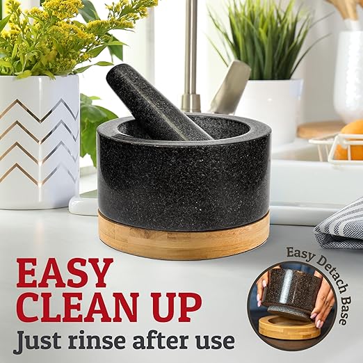 PriorityChef Heavy Duty Mortar and Pestle Set with Bamboo Base, 100% Natural Granite Stone Grinder, Guacamole Bowl and Masher, 1.5 Cups, Black