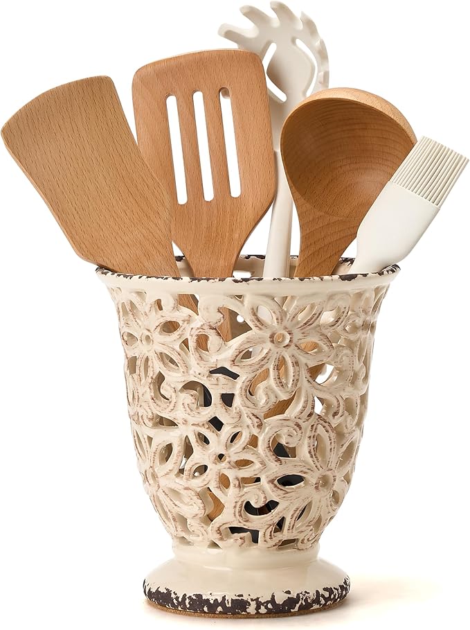 Utensil Holder for Kitchen Counter, Modern Farmhouse Cooking Utensil Holder and Crock Home Kitchen Decor, Ceramic Utensil Organizer for Spatula, Ladle, Eggbeater, Rolling Pin- Beige Antique Design