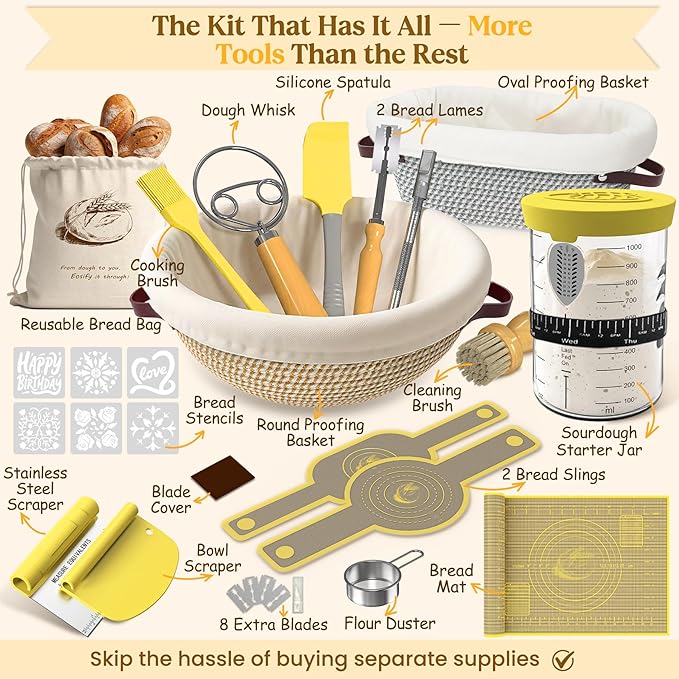 Sourdough Starter Kit with Cotton Rope Banneton Basket & Jar, Bread Baking Supplies and Tools Set, Complete Sourdough Bread Making Kit, Baking Gift for Women Moms & Beginners