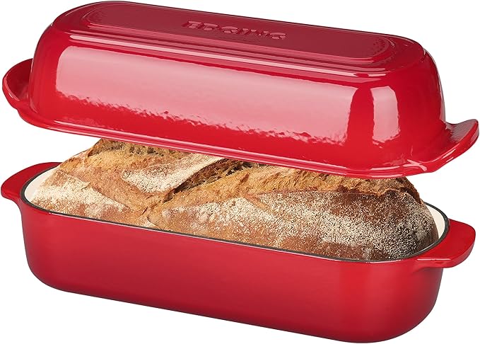 Enameled Cast Iron Loaf Pan with Lid, Dutch Oven Bread pan for Homemade Sourdough Bread Baking, 12.5x5.5 inch, 5qt, Red