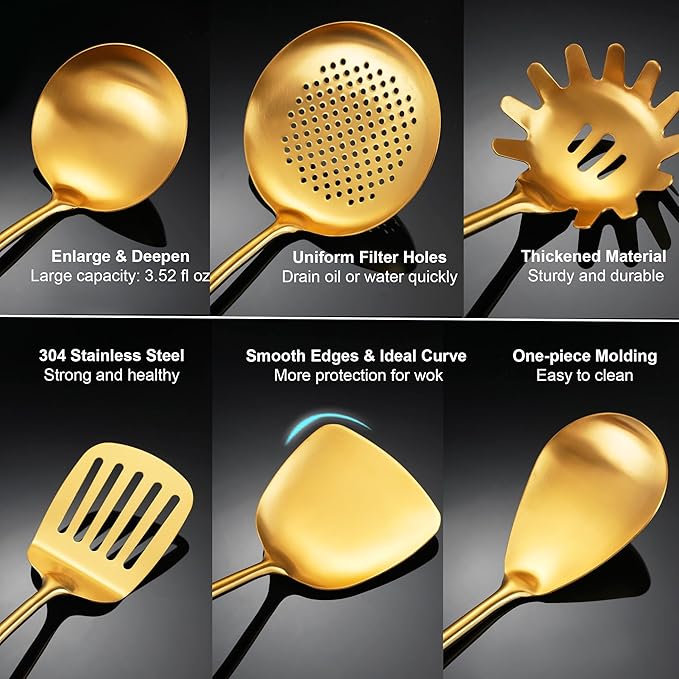 Gold Kitchen Utensils Set with Wooden Handle, 6 PCS Professional Cooking Utensils Set, Wok Spatula, Ladle, Skimmer, Slotted Spatula Turner, Spaghetti Spoon, Large Spoon