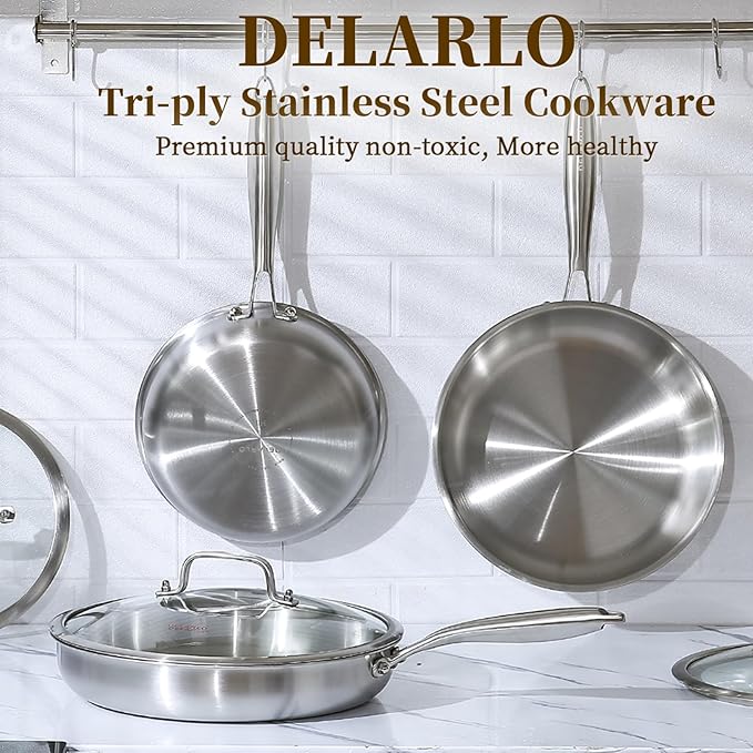 DELARLO Tri-Ply Stainless Steel Pan, 12 inch Frying Pan with Lid, Compatible with All Cooktops Up to 600℉, Fast & Even Heat, Skillet, Induction Cookware, Cooking Pan, Stir Fry Pan, Dishwasher Safe
