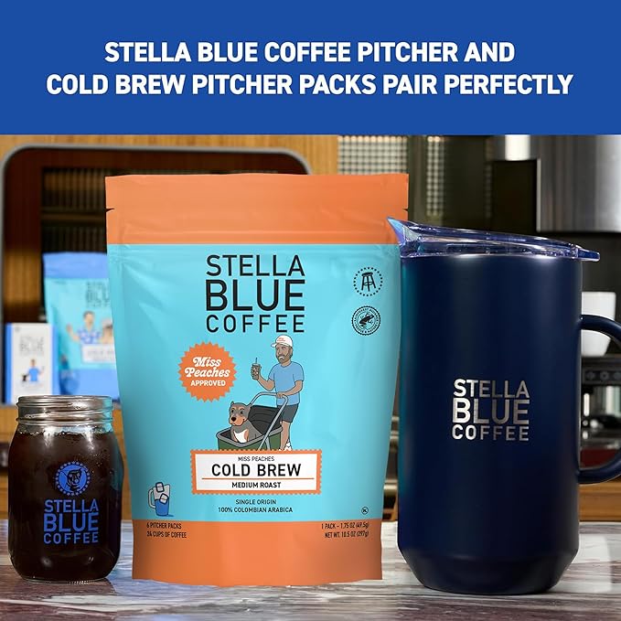 STELLA BLUE Fresh Cold Brew Coffee | Miss Peaches Blend | 100% Single Origin Arabica MEDIUM Roast | Ethically & Sustainably Sourced from Colombia | Helps Support PAWS Chicago | 6 Packets to Make 24 Cups