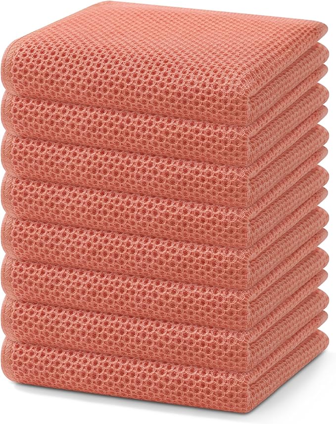 Homaxy 100% Cotton Waffle Weave Kitchen Dish Towels, Ultra Soft Absorbent Quick Drying Cleaning Towel, 13 x 28 Inches, 8-Pack, Coral
