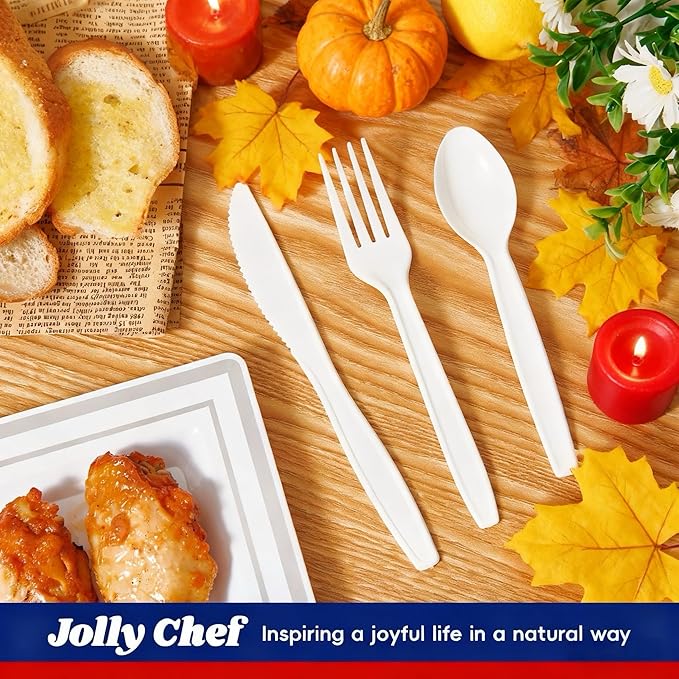 JOLLY CHEF 360 Count White Plastic Silverware Heavy Duty, 180 Forks, 120 Spoons, 60 Knives, Heat ResistantPlastic Utensils Set, Disposable Cutlery set, Premium Clear Utencils for Party, Thanksgiving