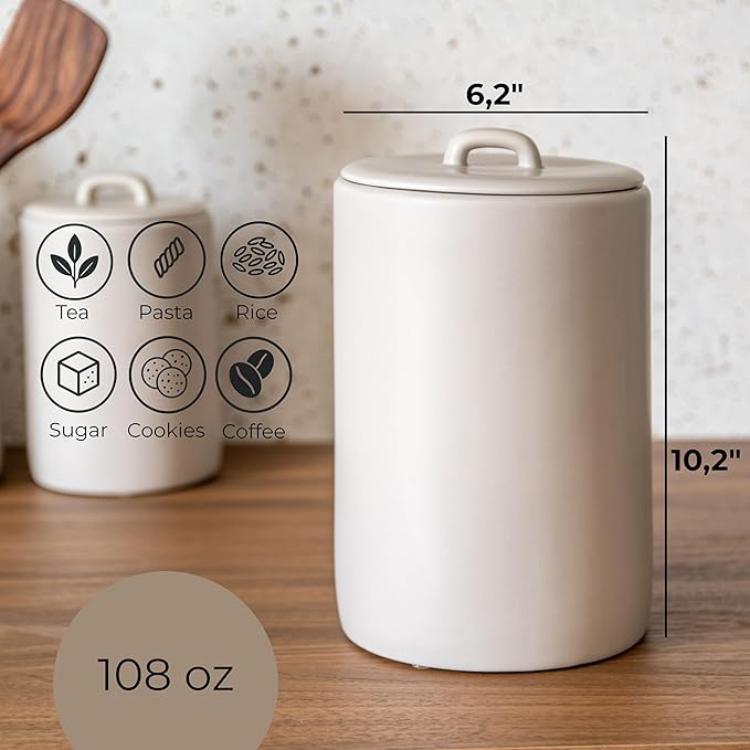 Ceramic Food Storage Jars, 108 Oz, Airtight Lid Handle, Kitchen Canisters for Grounds Coffee, Coffee Pods, Tea, Flour, Sugar, Rice, Pantry Organization or Kitchen Countertop Containers set