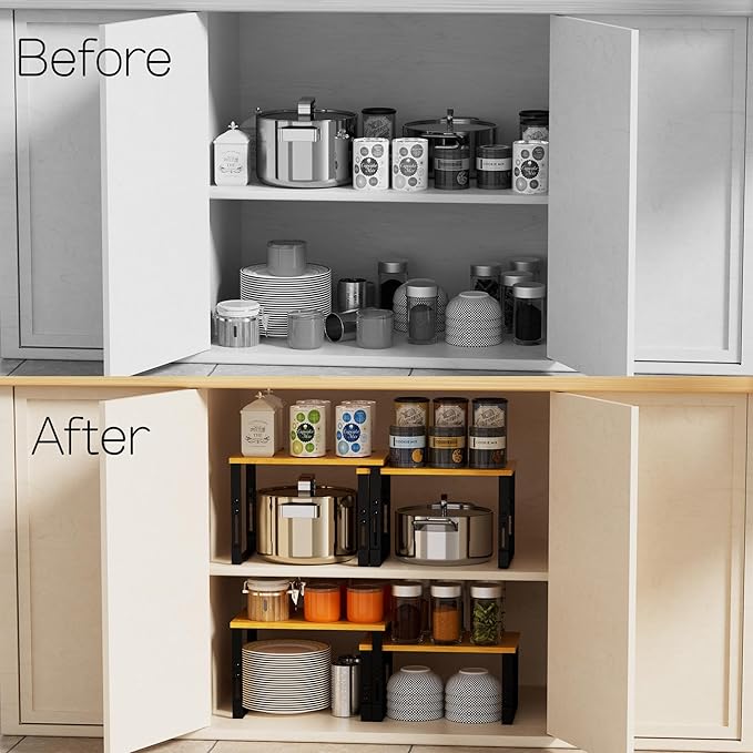 Adjustable Storage Shelves for Kitchen Cabinet Organization - Set of 2 Stackable Metal & Solid Wood Racks, Space-Saving Design for Countertop/Pantry/Garage, Easy Assembly(2 Packs/Medium/Black)