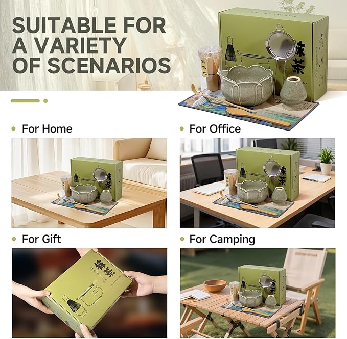 Matcha Whisk Set with Ceramic Bowl - Bamboo Whisk (Chasen), Scoop, Sifter & Holder - Complete Kit for Traditional Matcha Tea - Unique Gifts for Tea Lovers (Celadon Lotusl)